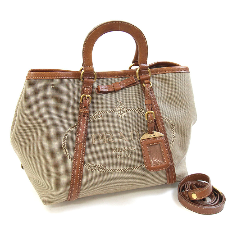 Prada handbag BN1671 beige brown jacquard canvas leather shoulder bag for wom...